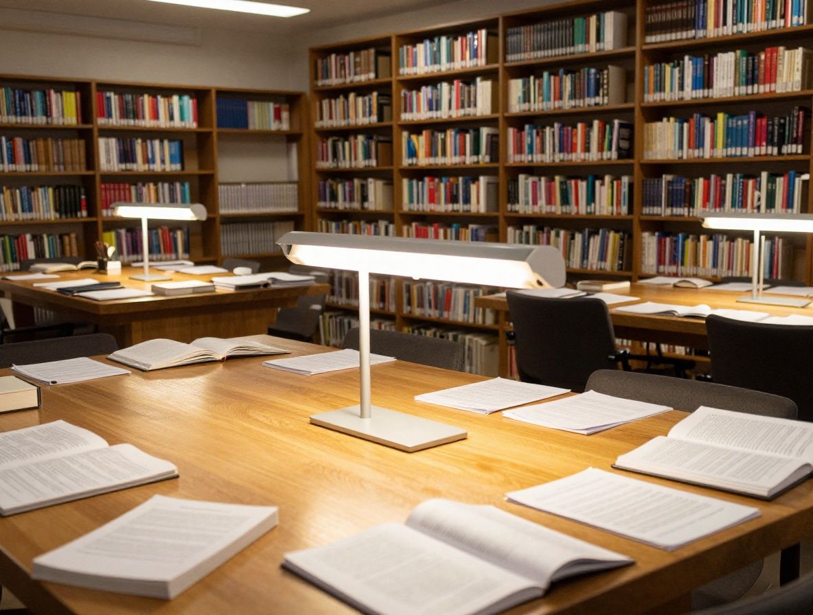 Open reading room in a quiet library with high ceilings, rows of shelves filled with books, warm lamp light on a large wooden table with scattered papers and notebooks, no people, atmosphere of study and order