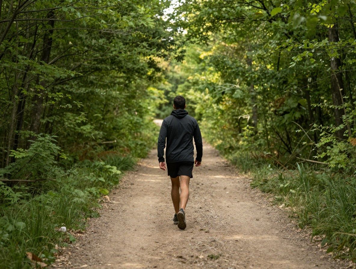 Lone runner on a wide unpaved trail through a green forest, late afternoon light, sense of steady forward movement through natural terrain, candid and unposed