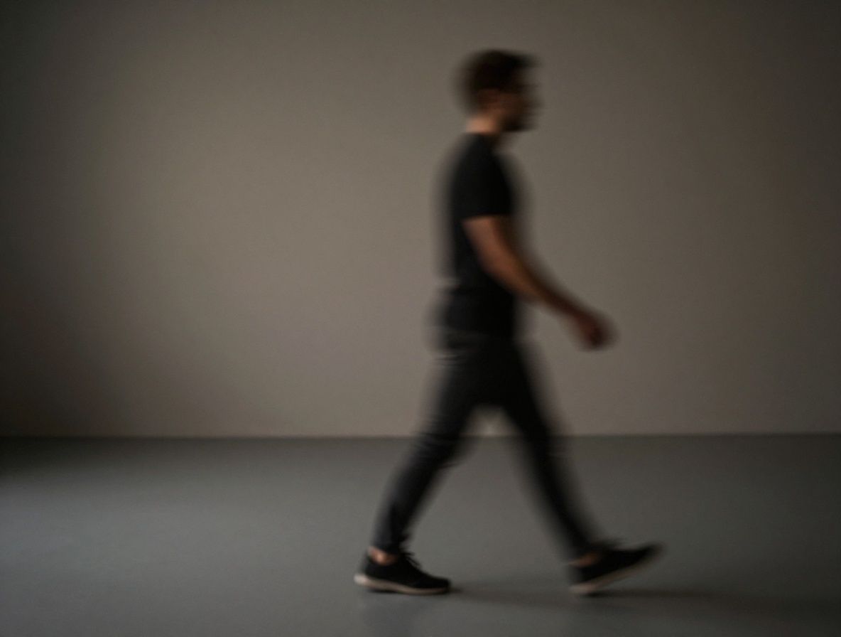 Abstract long-exposure photograph of a figure in motion, blurred dynamic lines suggesting walking or stretching in a dim indoor space, artistic representation of movement and energy