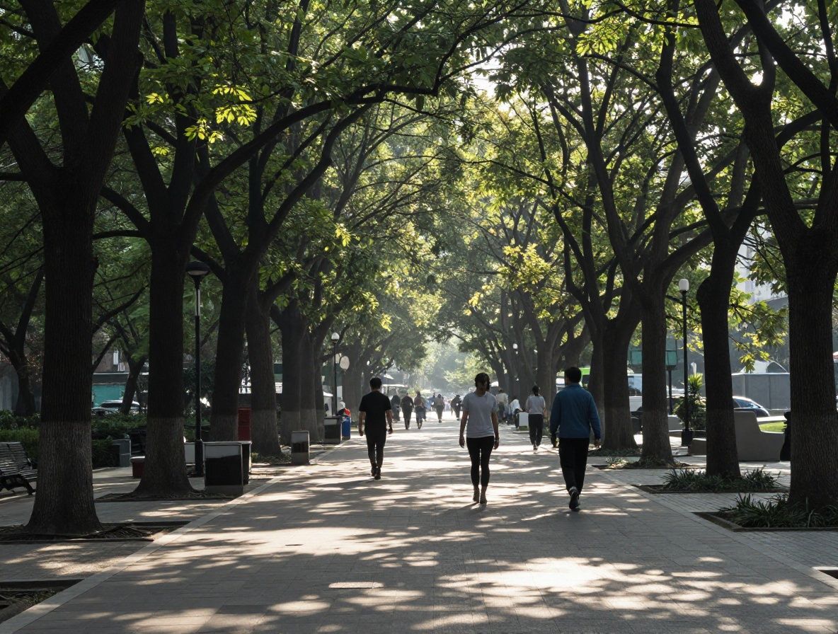 Urban park path lined with tall trees in a city, dappled morning light on a paved walkway, a few people walking at a distance, calm everyday environment for physical activity