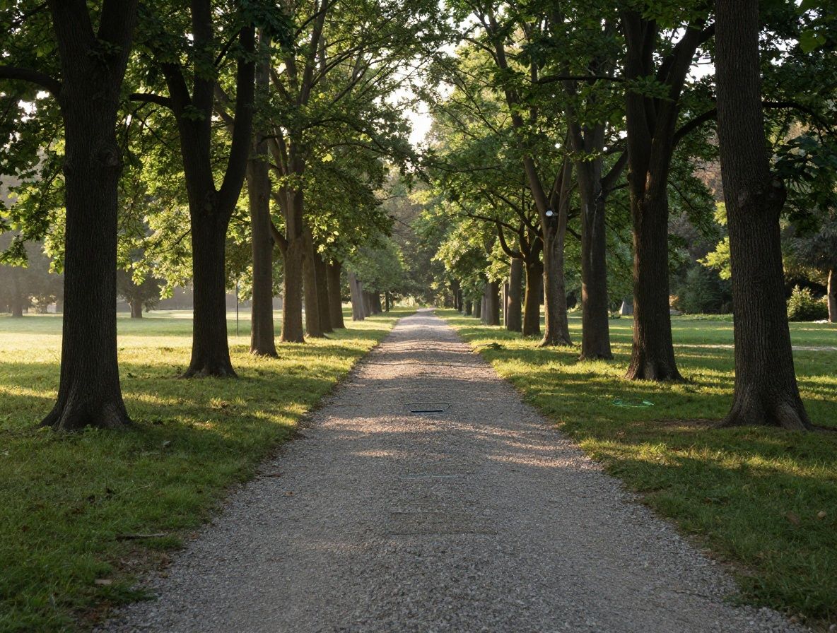 Sunlit outdoor training area with a gravel path through a forested park, early morning light filtering through tall trees, empty and calm environment for physical movement