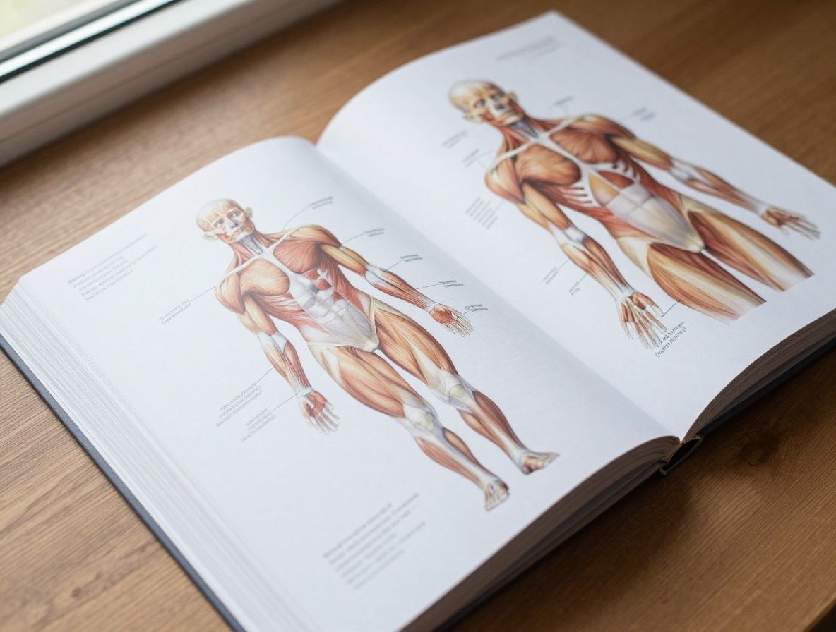 Close-up of an open anatomy reference book on a wooden desk, showing detailed diagrams of human musculature, natural daylight from a window to the side, no people visible