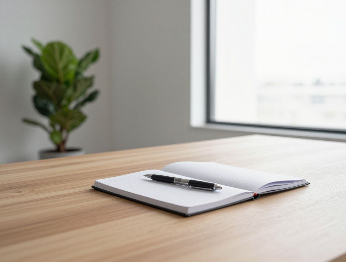 Quiet minimalist office interior with a clean wooden desk, a closed notebook, a pen, and a single potted plant near a window with diffused natural light, no people, calm and ordered atmosphere