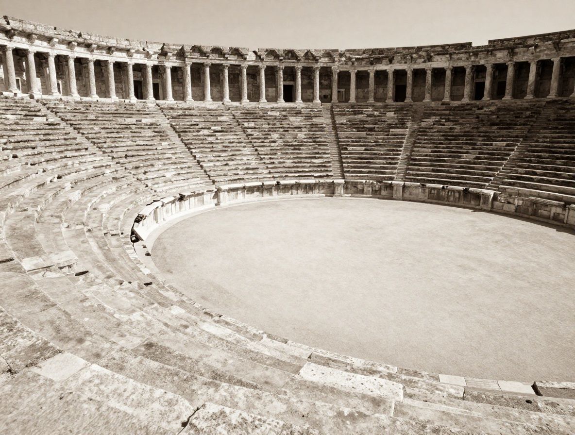 Aged sepia-toned photograph showing a large stone amphitheatre or ancient athletic field, weathered stone steps, columns in the background, no people, sense of historical magnitude